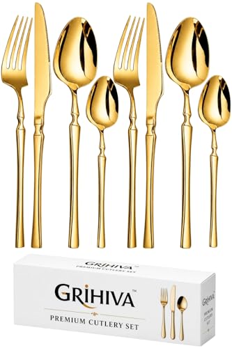 Image of 8 Pcs Gold Slim Handle Stainless Steel Cutlery Set for Dining Table with Spoons and Forks Set + Butterknives - The Perfect Tableware /Flatware