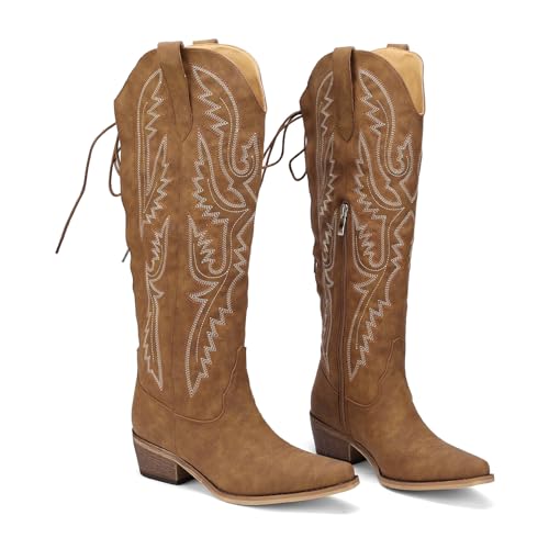 Image of Lace Up Cowboy Boots for Women Embroidered Wide Calf Cowgirl Boots Comfortable Chunky Heel Pointed Toe Trendy Western Shoes for Prom Music Festival