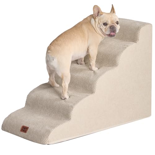 EHEYCIGA Scaletta per Cani 5 Gradini Altezza 57 cm, Scala Cane Piccoli e Gatti in Spugna per Salire su Letti Alti, Antiscivolo Rampa per Cani con Rivestimento Rimovibile e Lavabile, Beige