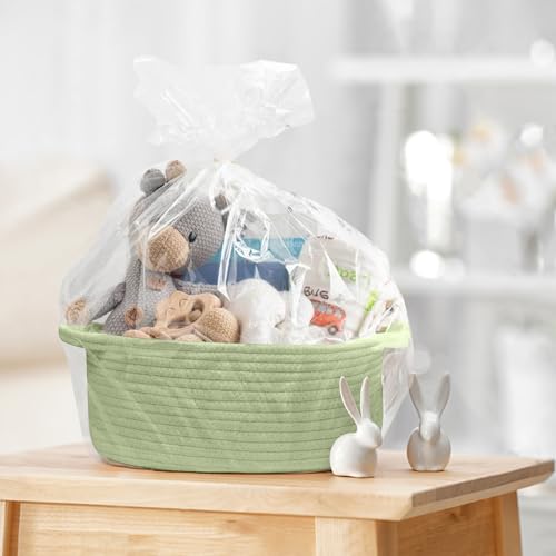 Image of Small Woven Gift Basket, Baskets for Gifts Empty, Cotton Rope Cat Dog Toy Bin Box, Nursery Baby Basket, Wicker Basket with Handles, Shelf Storage Basket for Home Decor, Green, 12 inchx 8 inchx 5 inch