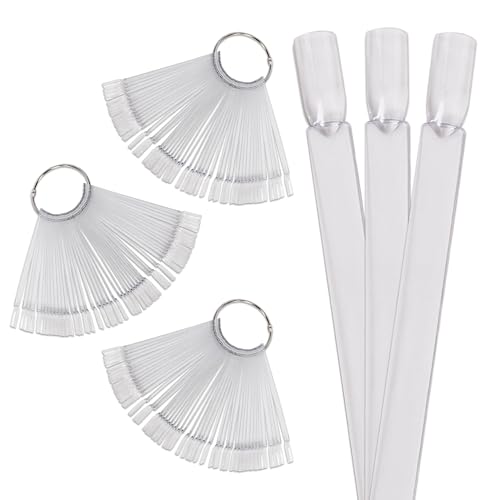 Beauticom 150 Clear Acrylic False Tip Sticks with Metal Ring Holders Fan-Shaped Nail Art Display Chart Practice Tips Tool - 150 Tips