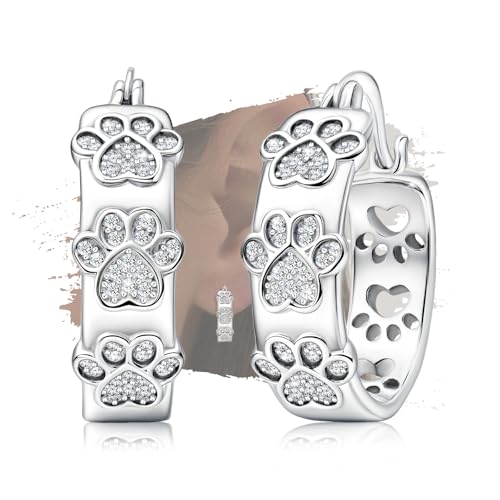 Silver Paw Print Hoop Earrings - Sterling Silver Hypoallergenic Cubic Zirconia Cute Animal Paw Print Hoop Earrings Dainty Round Earring for Sensitive Ears for Women