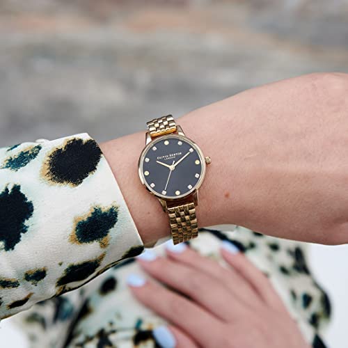 Image of Olivia Burton Classics Qtz Basic Slim Black & Stone Round Dial Women's Watch|Ionic Plated Gold Steel Material|Gold Color Band - OB16SE17