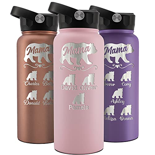 Mama Bear Water Bottle, Birthday, Mothers Day Gifts for Mom, Personalized 32 oz. - 8 Colors - Names up to 6 Cubs, 14 Font Options, Custom Mom Water Bottle - Gifts for Mom from Daughter, Son, Husband