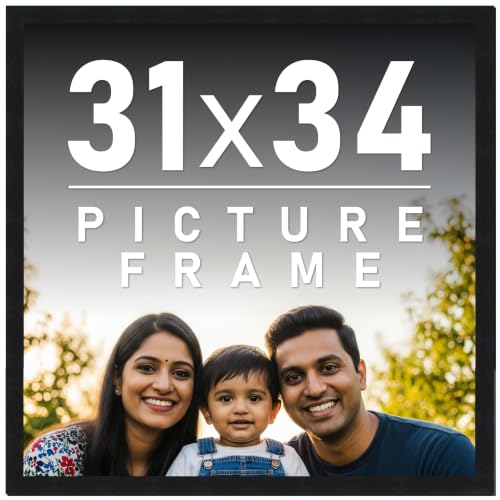 31x34 Frame Black Picture Frame - Complete Modern Photo Frame Includes UV Acrylic Shatter Guard Front, Acid Free Foam Backing Board, Hanging Hardware Wood Wall Frames for Family Photos - no Mat