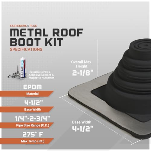 Image of Fasteners Plus #1 Square EPDM Metal Roof Pipe Flashing Boot with Complete Install Kit (Fits 1 /4 inch - 2-3 /4 inch Pipe OD), Black