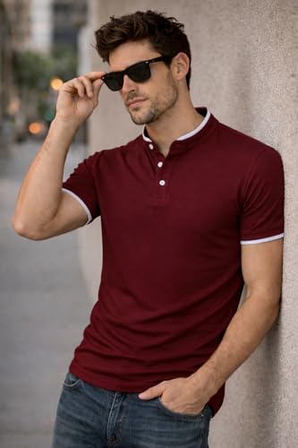 Image of Dagcros Men Polo T-Shirt, with White Trim, Short Sleeve, Button Collar Tshirt for Mens