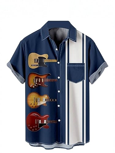 Ecosunny Chemises de musique hawaïennes à manches courtes pour homme avec imprimé bowling, T Music Guitare Bleu, XX-Large