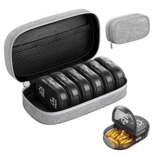 Image of Serfeymi Weekly Travel Pill Organizer 2 Times a Day AM PM Black Pill Box