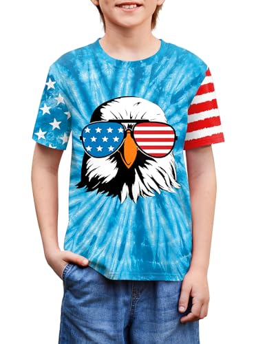 Image of BesserBay Unisex Kids 4th of July American Flag Tee Tie Dye Patriotic Short Sleeve Shirt 6-14 Years