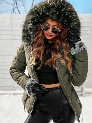 Women's Puffer Parka Jacket Fuzzy Trim Hooded Drawstring Waist Fleece Lined Padded Coat4