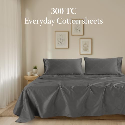 Image of Threadmill 300TC Cotton King Sheet Set, Sateen, Damask, Dark Grey, 4-Piece | 100% Cotton, Sateen Weave, Damask Pattern, 4-Piece Set, 16 inch Deep Pocket, Fade-Resistant, Breathable, All-Season, Lightweight