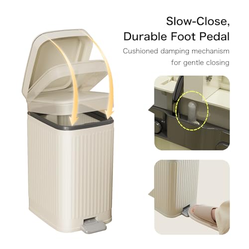 Image of Small Bathroom Trash Can with Lid, Press-Top Lid & Foot Pedal 2-in-1 Garbage Can, 2.6 Gal Plastic Wastebasket Soft Close, Dog proof, Slim Step-On Trash Bin for Kitchen, Office, Bedroom, Dorm-White-10L