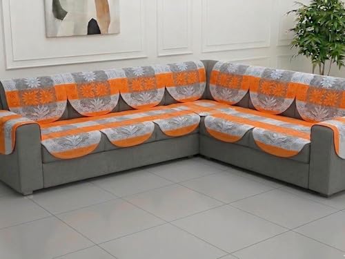 Image of Fab Nation Cotton L Shape Sofa Covers for 6 Seater Sofa Set | Sofa Slipcovers for 3 + 3 Seaters Cover with 2 Arms | Orange & White