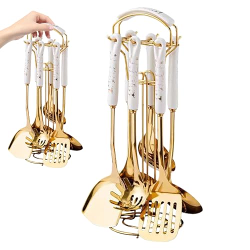 7pcs Stainless Steel Gold Utensils Set For Cooking With Holder, Hanging Metal Kitchen Utensils, Dishwasher Safe