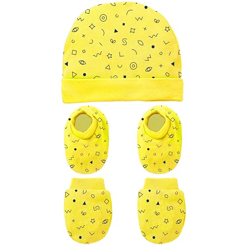 Image of Kidbee Baby Girls & Baby Boys Cotton Booties Mittens and Caps Combo for New Born Babies (0-6 Months)