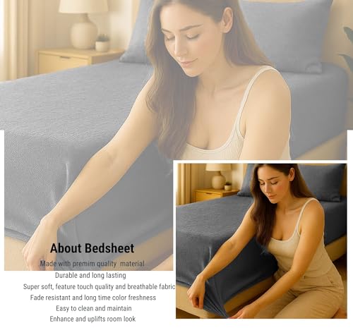 Image of VAS COLLECTIONS Luxury Warm Winter Elastic Fitted Bedsheet with 2 Pillow Covers - Ultra Soft Flannel Velvet Touch, Cozy & Wrinklefree lintfree Size - 78x72+10 Inches (Grey New)