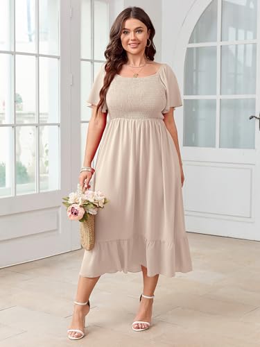 Image of SCOMCHIC Women's Plus Size Summer Dress Casual Short Sleeve Scoop Neck Maxi Dress Smocked Ruffle Boho Flowy Long Dresses