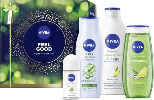 NIVEA Feel Good Geschenkset Geschenk für Frauen Geschenkbox mit Duschgel (250 ml) Shampoo (250 ml) Body Lotion (400 ml) und Deo (50 ml)