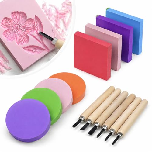 HINATDD 10 Stück Stempelgummi Schnitzblöcke 5x5x1 cm DIY Linoldruck Set mit 6 Stück Holzschnitzmesser Bunt Quadratische und Runde Stempel Gummiblock Carving für Scrapbooking Postkarten DIY Projekt