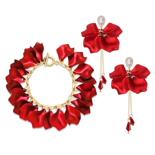 Flower Petal Necklace Earrings Set Layered Statement Beaded Jewelry Set for Women Summer Necklace Earrings