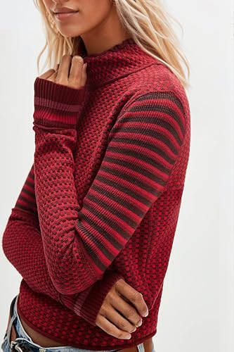 Image of MISSACTIVER Women Casual Long Sleeve Mock Neck Plaid Sweaters Color Block Slim Fit Knitted Pullovers Tops Fall Winter 2024