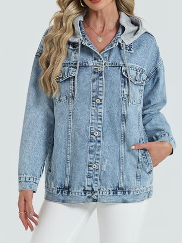 Women's Oversized Denim Jacket Long Distressed Ripped Trucker Jean Jackets Coat With Detachable Hood4