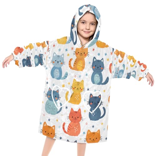 Wearable Blanket Hoodie for Kids, lazy cats Fleece Sweatshirt Blanket Oversized Blanket Sweatshirt with Pocket Flannel Warm Hooded Blanket 6-10 Year Old Girl Boy Gift, One Size