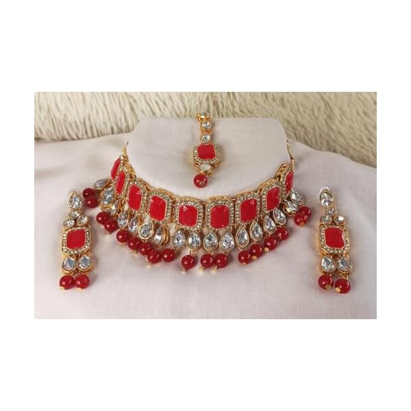 Fashion Women Red Pearl Gold-Plated Stone Jewellery Set, Maang tikka with A Pair of Earrings for Mehndi, Haldi, Wedding, Godbharai, Bridal-Red White Colour - Image 3