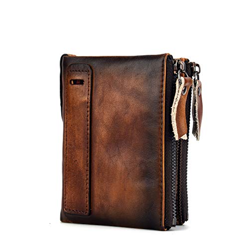 Retro Genuine Leather Wallet for Men Double Zipper Compact RFID Blocking Travel Organizer (Coffee)