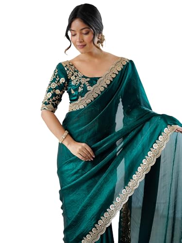 Image of AKHILAM Women's Tissue Embroidered Scalloped Border Saree With Embroidered Unstitched Blouse Piece
