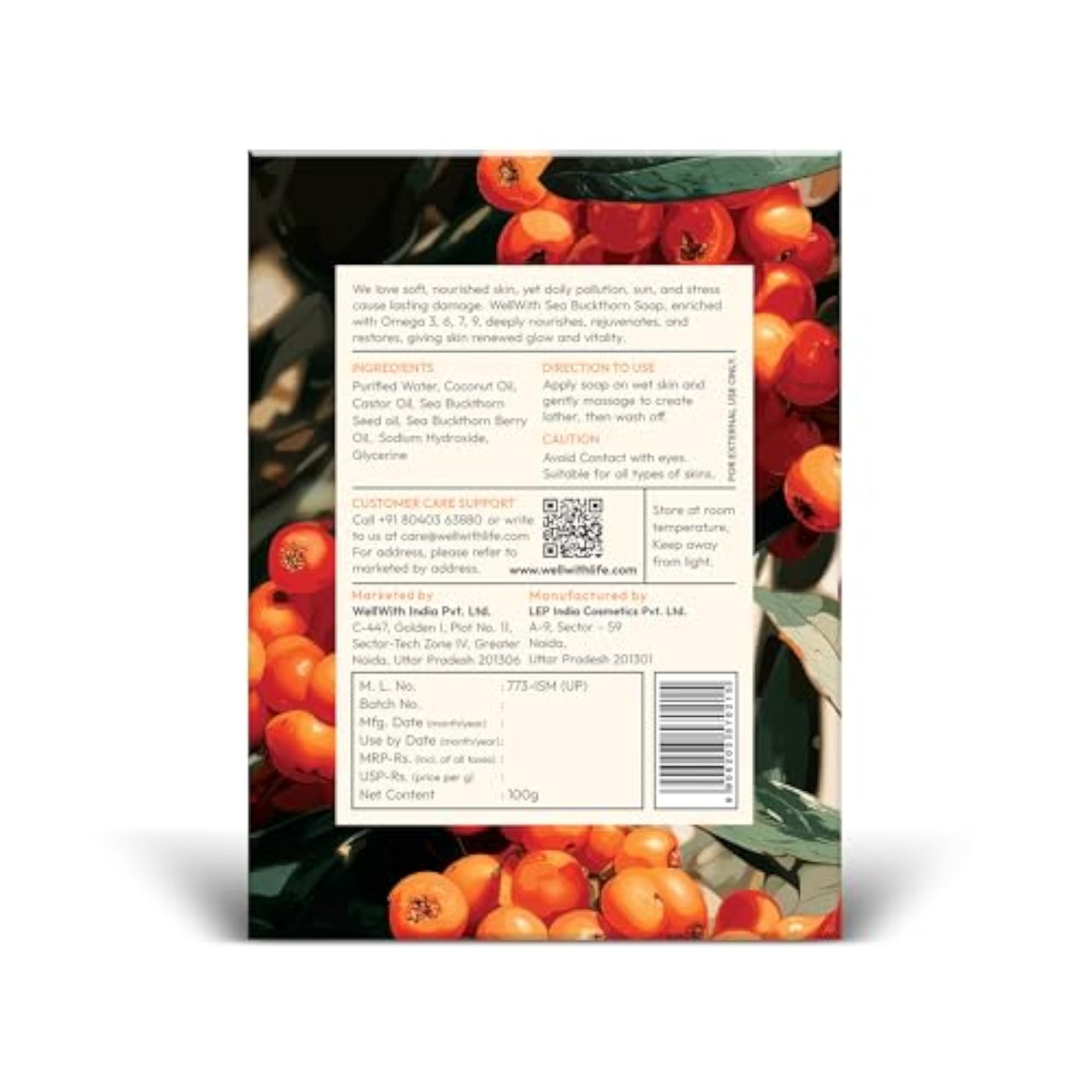 Wellwith Sea Buckthorn Natural Soap Bar, Pack of 5