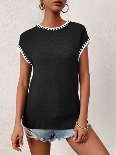 Image of Cap Sleeve Sweater Tops for Women 2026 Knit Summer Sleeveless Tank Vest | Slim Fit, Trendy Color Block, Soft, Skin-Friendly, Strechy, Lightweight, Breathable, Casual Daily Wear