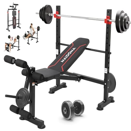 MAIDOMA Foldable 750LBS Standard Weight Bench with Leg Extension and Squat Rack, Bench Press for Full Body Workout, Adjustable Flat Incline Decline Workout Bench（US Stock）