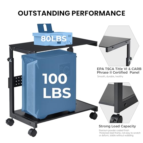 Image of EUREKA ERGONOMIC PC Stand Computer Cart Frosted Glass, Height Adjustable Tower Stand 2-Tier Suit for ATX Case Printer, Metal Rolling Cart on Wheels for Gaming Home Office, Black