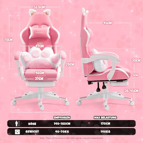 Vigosit Lindo Silla Gaming con Pata de Gato Cojín Lumbar y Orejas de Gato Silla Ergonómica para Gamer con Reposapiés Silla de Juego Ajustable para Niñas Adolescentes Niños Rosa - imagen 3