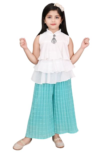 Image of Chiffon Self Design Printed Dress & Capri Set For Girls