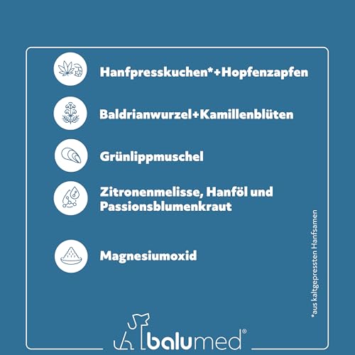 balumed® 120 Ruhe+Entspannung Tabletten für Hunde bei Angst und Stress mit Hanfpresskuchen, Hanföl kaltgepr., Magnesium, Baldrian, Kamille, Hopfen