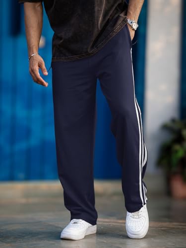 Image of Men's Track Pants with White Side Stripes | 4-Way Lycra Twill Polyester Straight Relaxed Fit Joggers | Mid-Rise Flexi Waist Lounge Bottoms