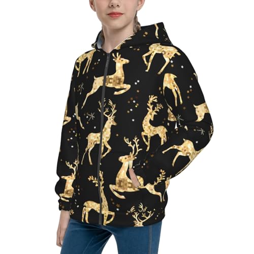 Christmas Gold Deers Kids Pullover Hoodies Boys Zip Up Sweatshirts Girls Athletic Clothes with Pocket