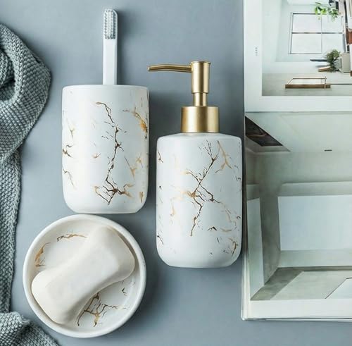 Image of Ceramic Bath Accessories Set of 3 (Luxe White) - 400ml Soap Dispenser, Tumbler & Soap Dish, White with Gold Marble Design, Bathroom Countertop Organizer for washbasin