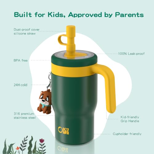 Image of OISIZ 14oz Kids Tumbler with Straw Lid & Handle,Kids Cup with Animal Accessory for School,Kids Water Bottles with Dust-proof Cover,Leakproof Water Bottles,316 Stainless Steel,Keep Cold 24 Hours-green