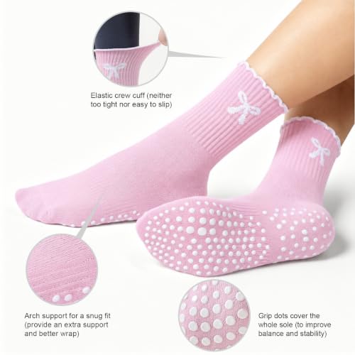 Image of Toes Home Pilates Socks for Women with Non Slip Grippers, Yoga Crew Socks for Barre Hospital Sticky Slipper Socks 4 Pairs