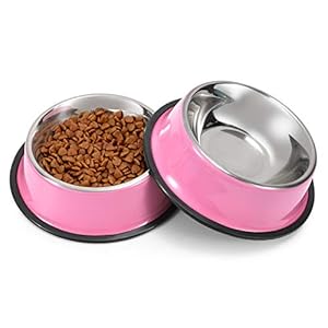 WERFORU 2 Stück Edelstahl Hundenapf für kleine/mittlere/große Hunde-, Katzen-, Tiernahrungs- / Wasserschalen mit Gummibasis Reduzieren Sie das Verschütten,Rosa,M