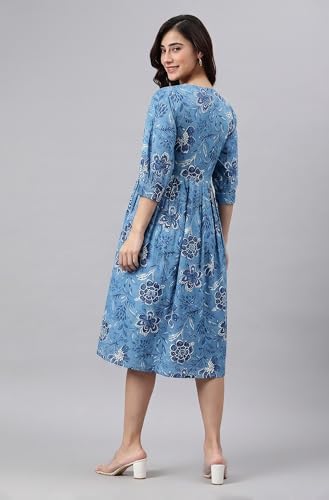 Image of Janasya Women's Cotton Solid Flared Dress