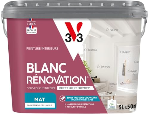 V33 Peinture blanche mur et plafond mat - multi-supports - monocouche - BLANC RENOVATION®, 5L