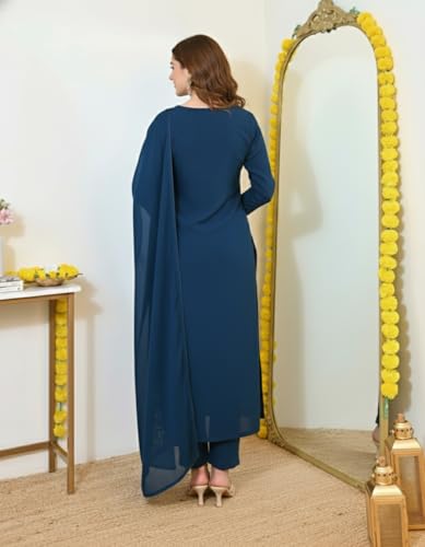 Image of ANNI Designer Women's Viscose Blend Embroidered Straight Kurta with Pant & Dupatta | Ethnic Kurta Set for Women | 3 /4 Sleeve Festive Traditional Dress | Office, Party & Daily Outfits Suit Set