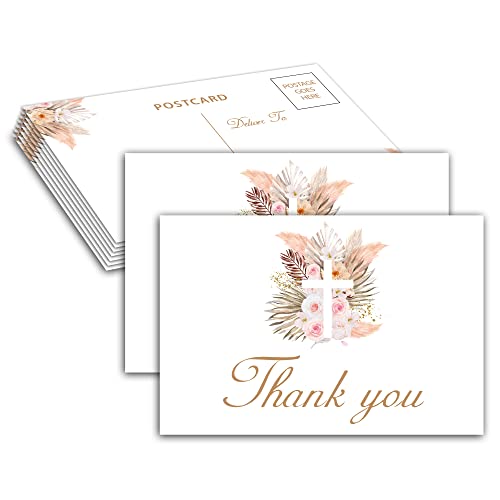 Baptism Thank You Post Cards, Boho Floral Baby Shower Thank You Card, Pampas Grass 1St Communion Religious Christening Ceremony Celebration, Gender Reveal Party Decorations - A07(25 Pack) #TOP22