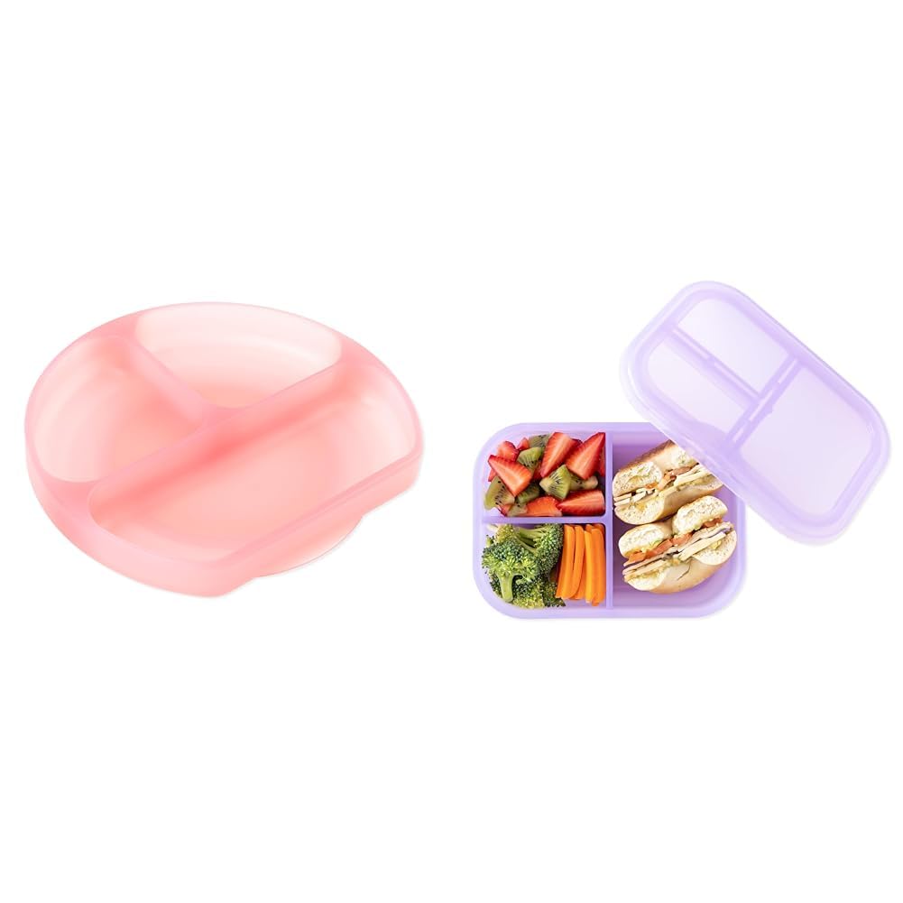 Bumkins Toddler and Kids Suction Plate with Sections, Silicone Divided Grip Dish and Bento Box Container with Leak Proof Lid for Lunch, Snacks, Microwave and Oven Safe, Children Feeding Supplies