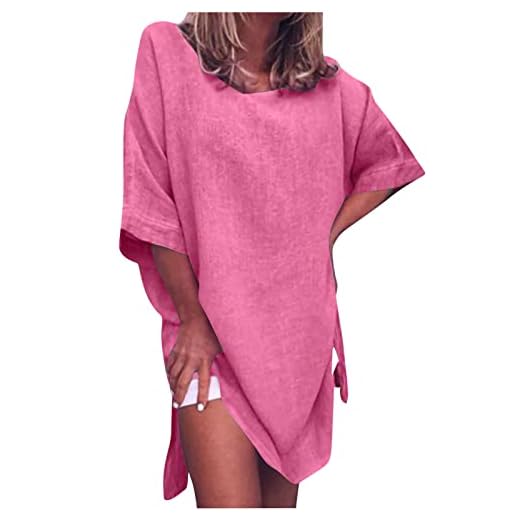 AEGJEGVD 2025 Soldes Femme Robe Coton et Lin Manches Courtes Chic et Elegant Longue Swing Robe Plage Boho Ample Robe Tee Shirt Maxi Robe Grande Taille Décontractée été Mid Longue Robes Pas Cher